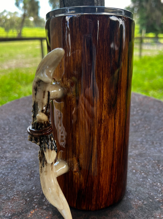 Wood grain tumbler with antler handle. 30oz thick